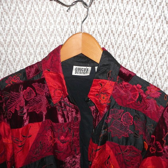Chico's 1 Silk Embroidered Red Black Jacket M - Picture 4 of 9
